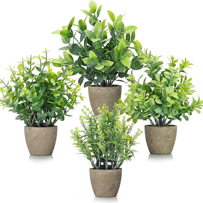 FAVOWREATH 4 Pack Fake Plants Ceramic Mini Artificial Greenery Potted Plants by FAVOWREATH
