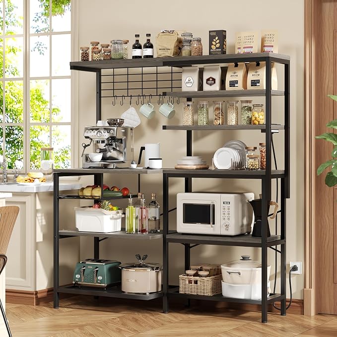 L-Shaped Bakers Rack with Power Outlets, 6-Tier Microwave Stand with Hooks - Image 2