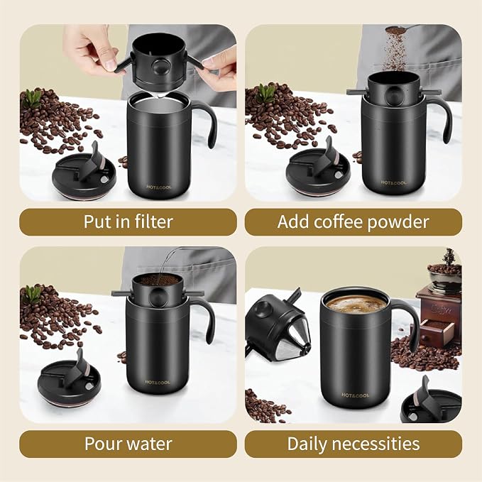 Pour Over Coffee Maker Set 16oz Stainless Steel Insulated Mug Foldable Filter - Image 4