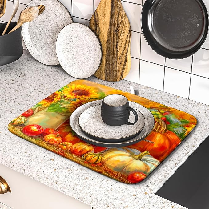 Giwawa Vintage Fall Autumn Dish Drying Mat 16"x18" Small Rustic Pumpkin - Image 5