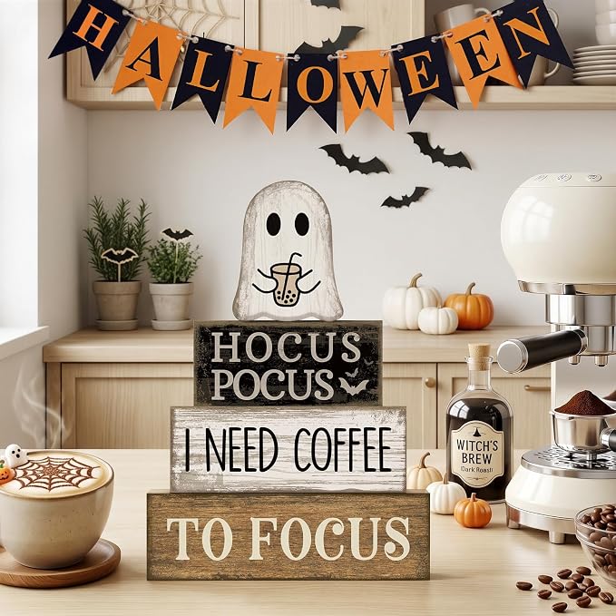 Lineshading 4 Pcs Halloween Coffee Table Decor Coffee Ghost Wooden Stack Block - Image 4