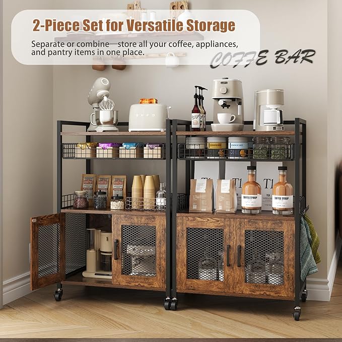 Hencawima Coffee Bar Cabinet, 3 Tier Coffee Station Table on Wheels, 35.9" H - Image 4