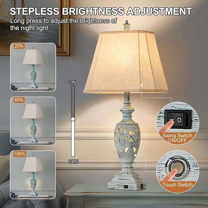 29.5"H Touch Control Traditional Table Lamp Set of 2, Vintage Bedside Lamp - Image 4