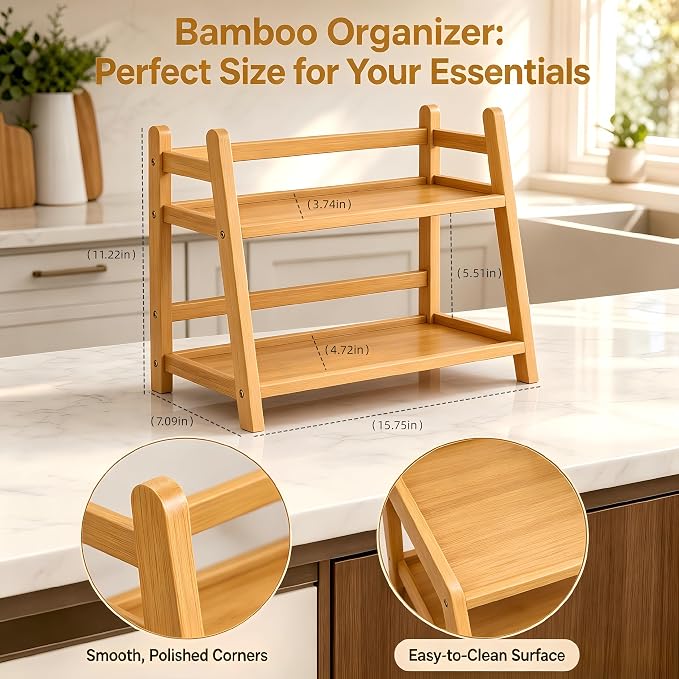 2-Tier Bamboo Matcha Station Organizer, Trapezoidal Shelf - Image 2