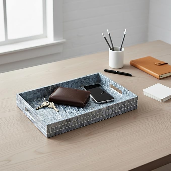 PEMAR Rectangular Mother of Pearl Serving Tray Nacre Wood Lap Ottoman Tray - Image 10