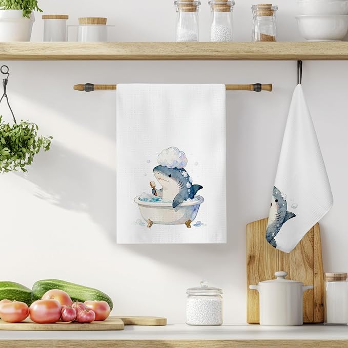 Funny Shark Bathroom Hand Towels, Shark Lover Gifts, Humor Bathing Sharks - Image 6