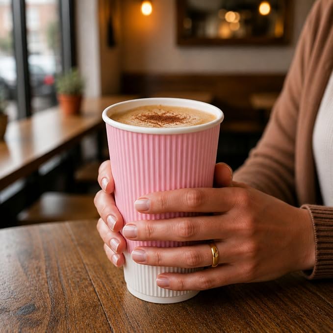 Restaurantware Ripple Wall Coffee Cups 25 Count 16 Ounce Insulated Light Pink - Image 5