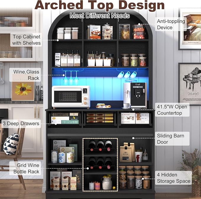 72" Tall Arched Pantry Cabinet w/Power Outlet, LED Lights, 3 Drawers, Glass Door - Image 3