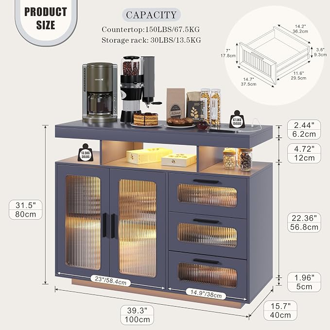 HWB Coffee Bar Cabinet with Storage, Buffet Sideboard with RGB Light, Modern - Image 2