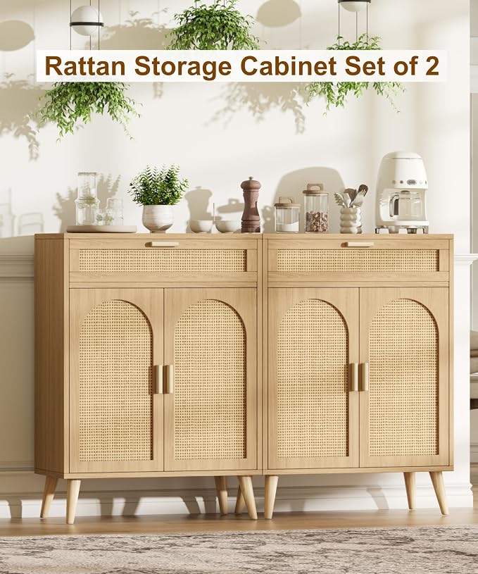 Rattan Sideboard Buffet Cabinet set of 2, Boho Storage Cabinet - Image 3