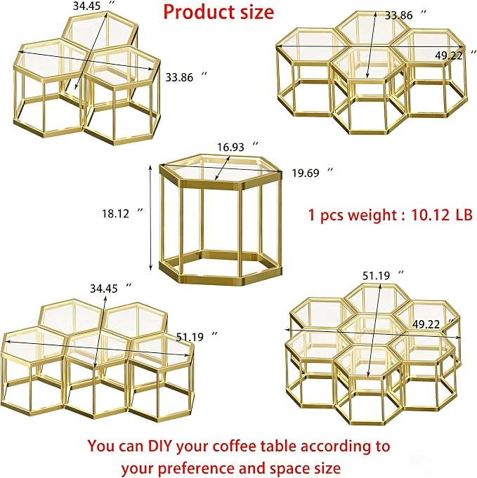 Hexagonal Modular Coffee Table, Tempered Glass Top, Geometric Accent Side Table - Image 2