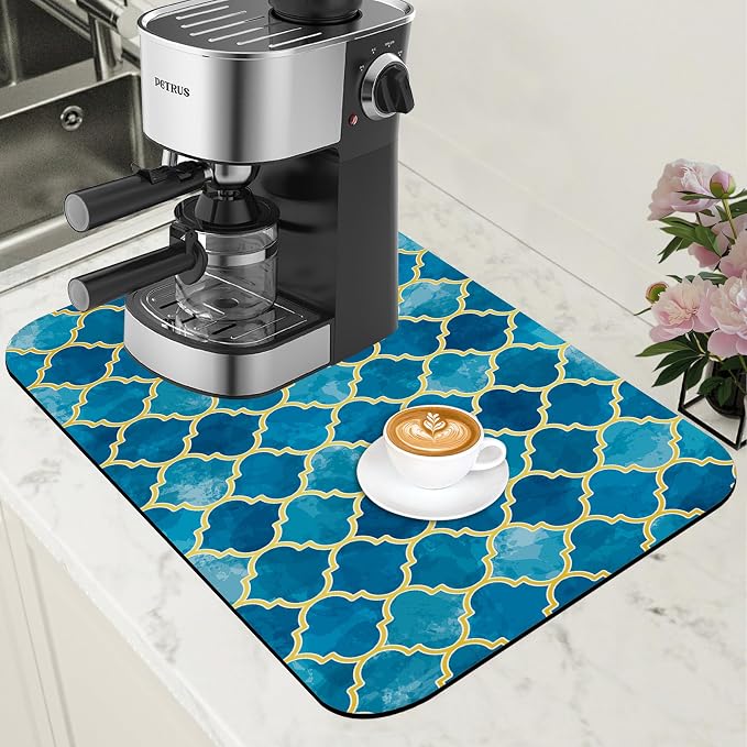 Dish Drying Mat Blue Moroccan Tile Coffee Bar Mat by Unknown
