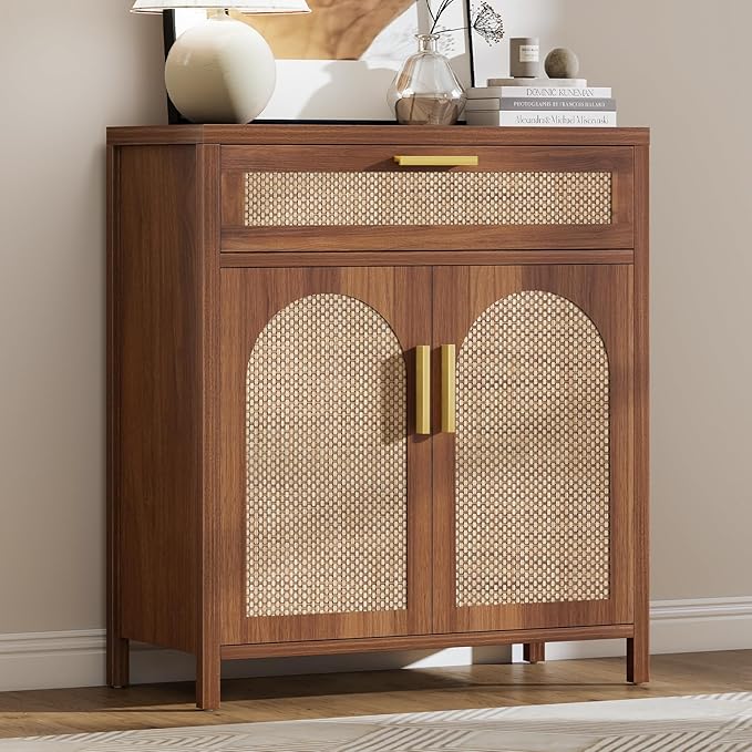 Rattan Buffet Cabinet with Storage, Sideboard Cabinet with Doors and Shelves by Curlaky