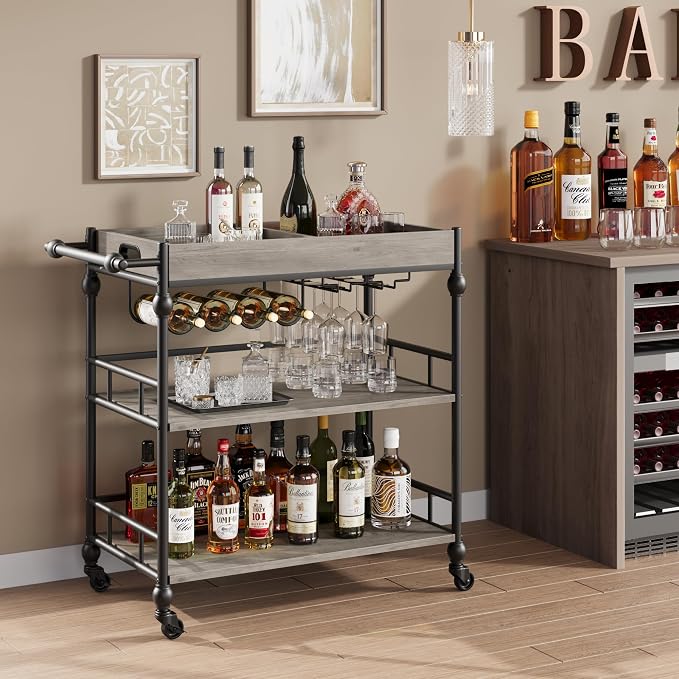 Garvee Bar Cart with Wheels, 3-Tier Rolling Serving Cart with Removable Tray by Garvee