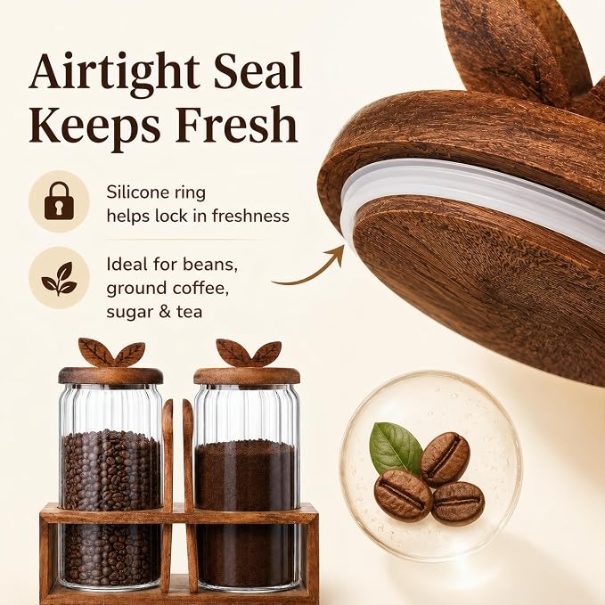 Airtight Coffee Sugar Canister Set, 2 × 34 floz Acacia Coffee Grounds Container - Image 5
