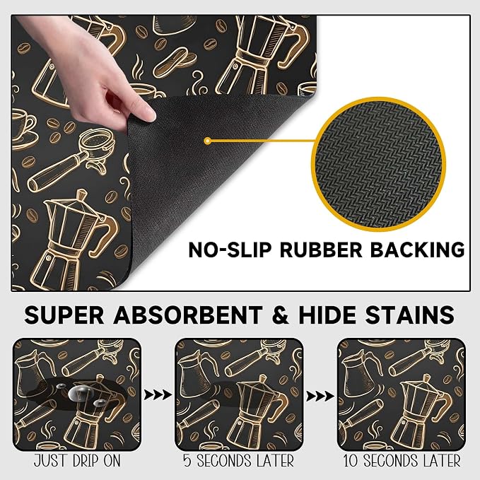 Black and Gold Coffee Tool Coffee Drying Mat 12" x 19", Absorbent Waterproof - Image 5