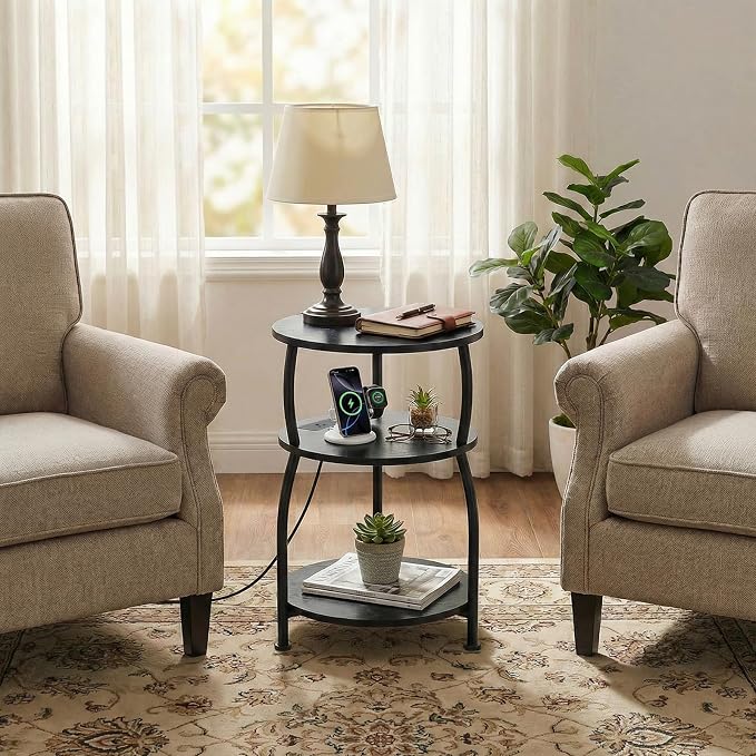 Round Side Table with Power Outlet & USB Ports, 3-Tier End Table with Storage - Image 6