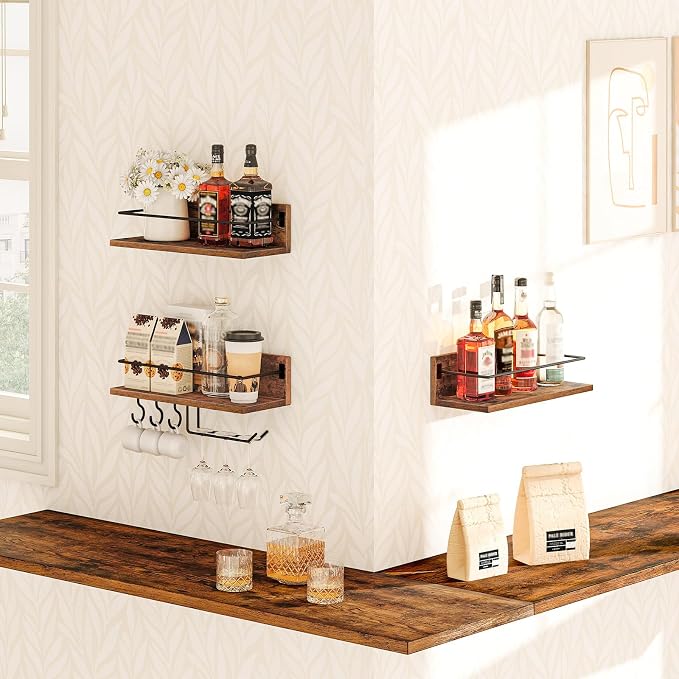 HOOBRO Wall Mounted Wine Rack 3 Pack, Wine Shelf Hanging Floating Wall Shelves - Image 2