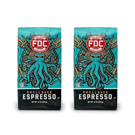 Fire Department Coffee - Gives Back to Firefighters - Shellback Espresso Ground Coffee - Bold & Smooth - Roasted in the USA - Dark Roast Espresso - Veteran Owned (12 oz, Pack of 2)
