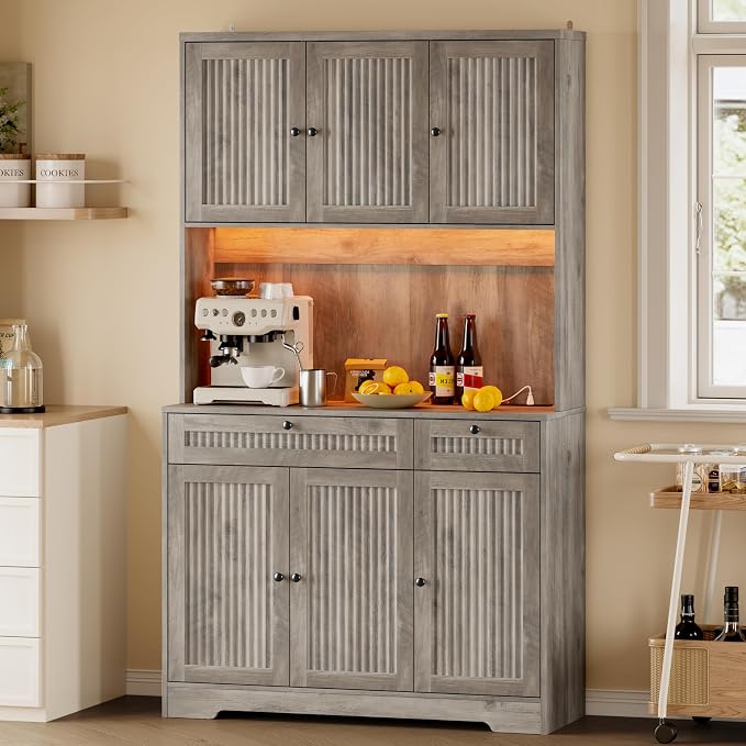 BORNOON Pantry Cabinet with Charging Station and Light, Tall Kitchen Pantry by BORNOON