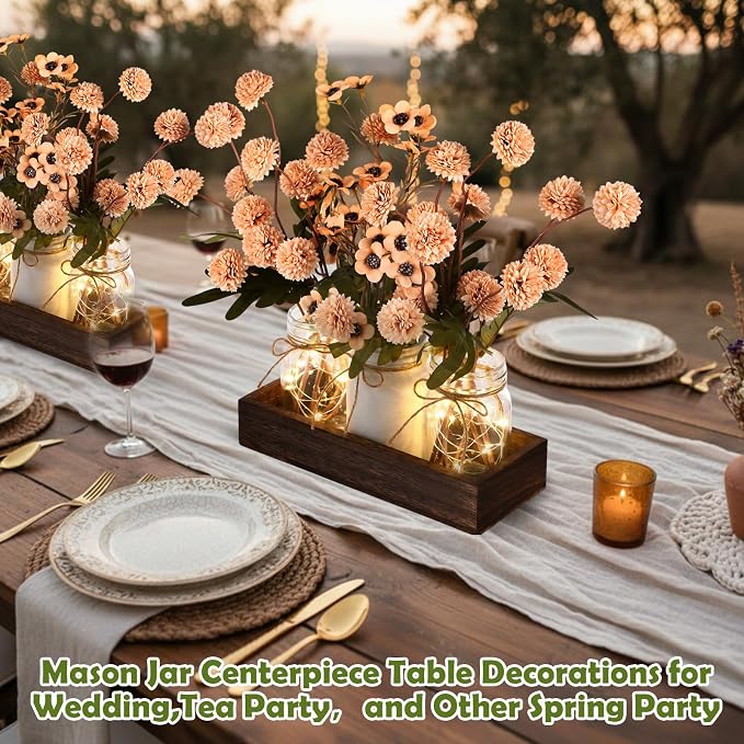 Suncalla 3 Pcs Summer Mason Jar Centerpiece Table Decorations Khaki Faux Kiku - Image 5