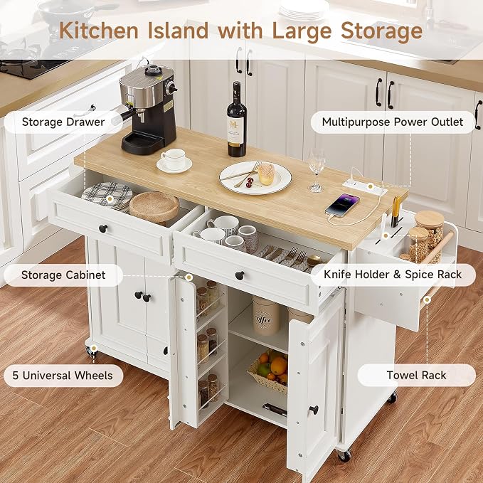 ONBRILL 58" Mobile Kitchen Island, Kitchen Island Cart - Image 3