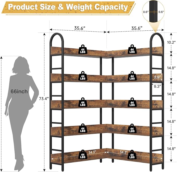 5 Tiers Tall Corner Bookshelf, Large Heavy Duty Industrial Corner Bookcase - Image 2