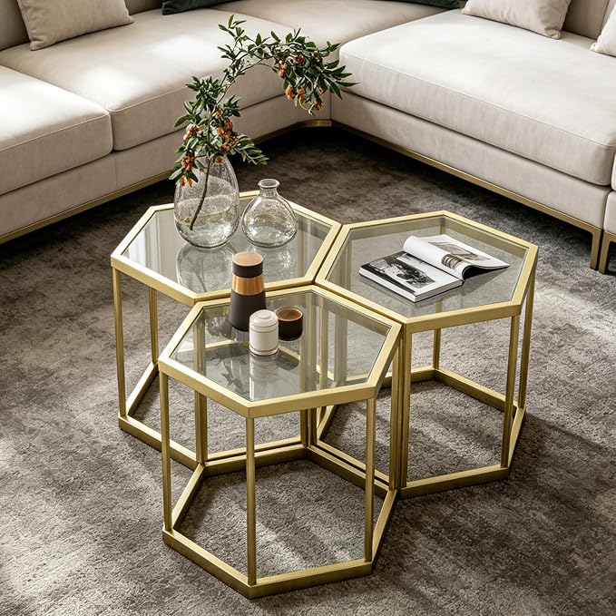 Hexagonal Modular Coffee Table, Tempered Glass Top, Geometric Accent Side Table - Image 7