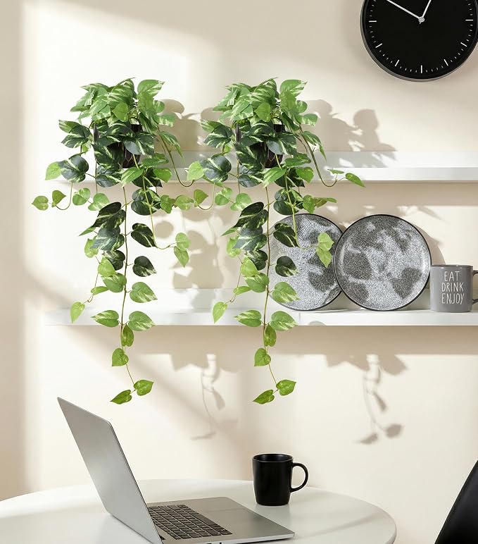 Fake Plants 2 Pcs Faux Pothos Plants Potted Indoor Artificial Hanging Plants - Image 7
