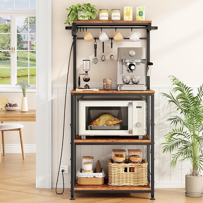 SNTD Bakers Rack with Power Outlet, Kitchen Shelves Microwave Stand with Wire - Image 3