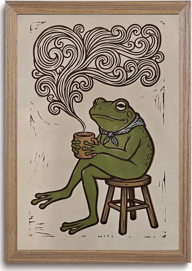 JQ7OL Whimsical Wall Art Frog Drinking Coffee Wall Art Wood Framed Funny by Unknown