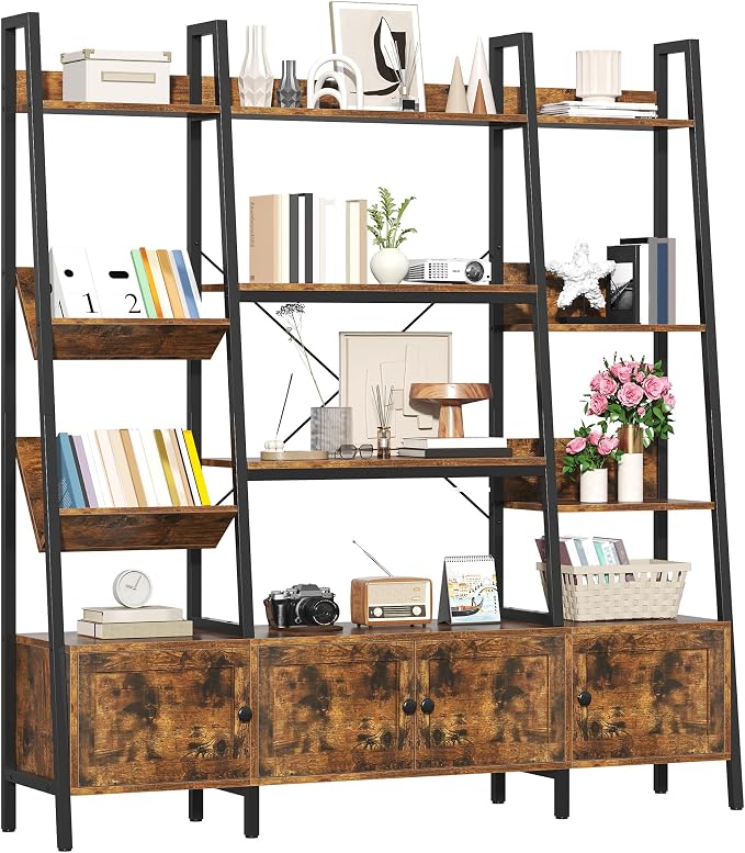 Ladder Bookshelves with 4 Doors, Triple Wide 4-Tier Large Open Bookshelf with by Semoic