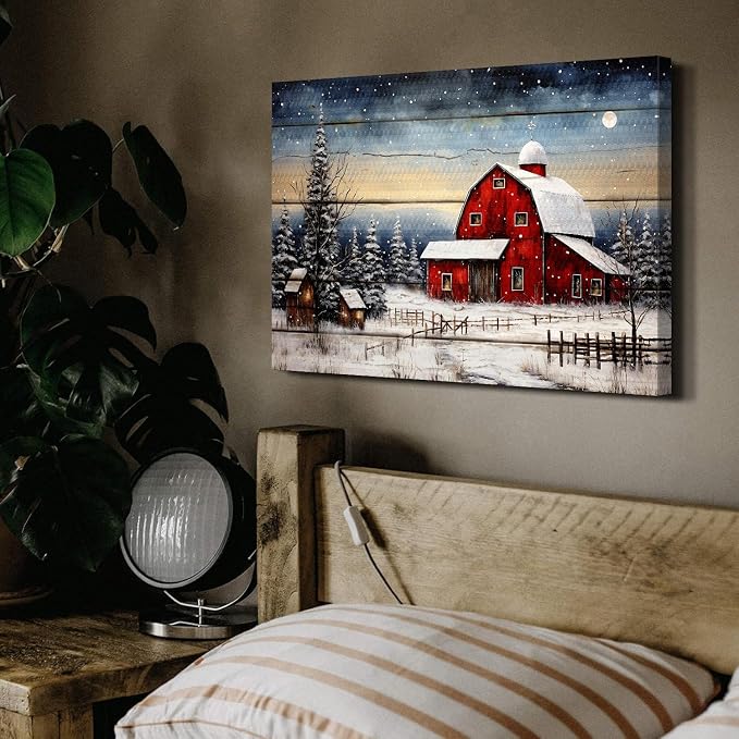 Red Barn Wall Art Snowy Winter Landscape Wall Art Christmas Home Decoration - Image 3