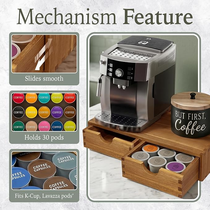 Acacia Wood K Cup Drawer Under Coffee Maker, 30 Pod Wooden K Cup Organizer - Image 4