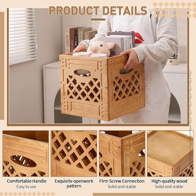 Geelin 2 Pack Wooden Milk Crate, Decorative Farmhouse Basket Organizer - Image 3