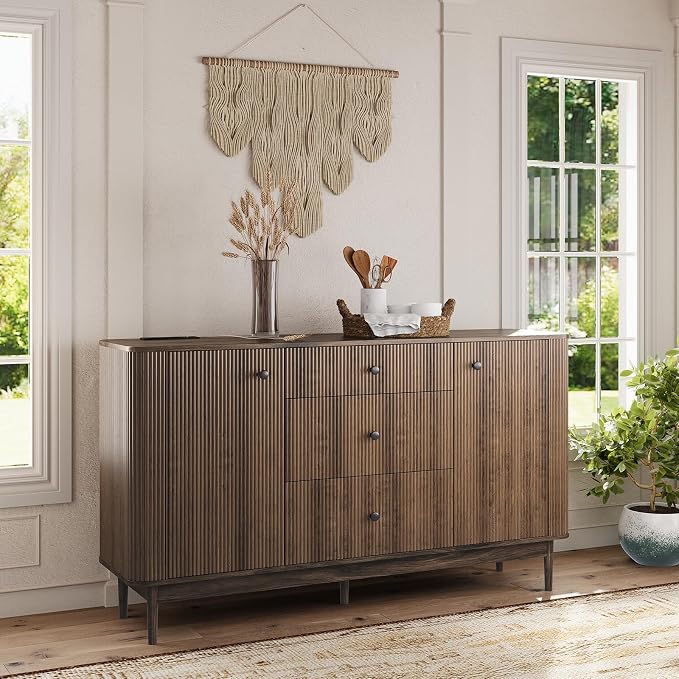 59" Buffet Cabinet with Drawers, Large Fluted Sideboard Buffet Storage Cabinet - Image 5