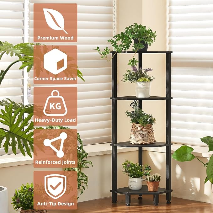 YUFAM 4-Tier Corner Shelf with Sturdy 5-Leg Base, Wooden Corner Bookshelf - Image 3