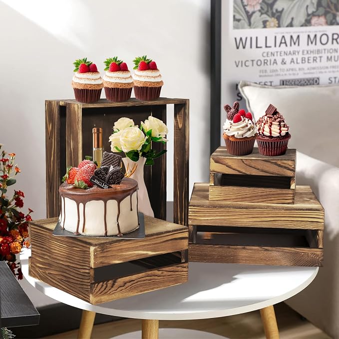 4 Pcs Buffet Risers with Mini Signs, Rustic Wood Cake Stands, Food Risers - Image 3