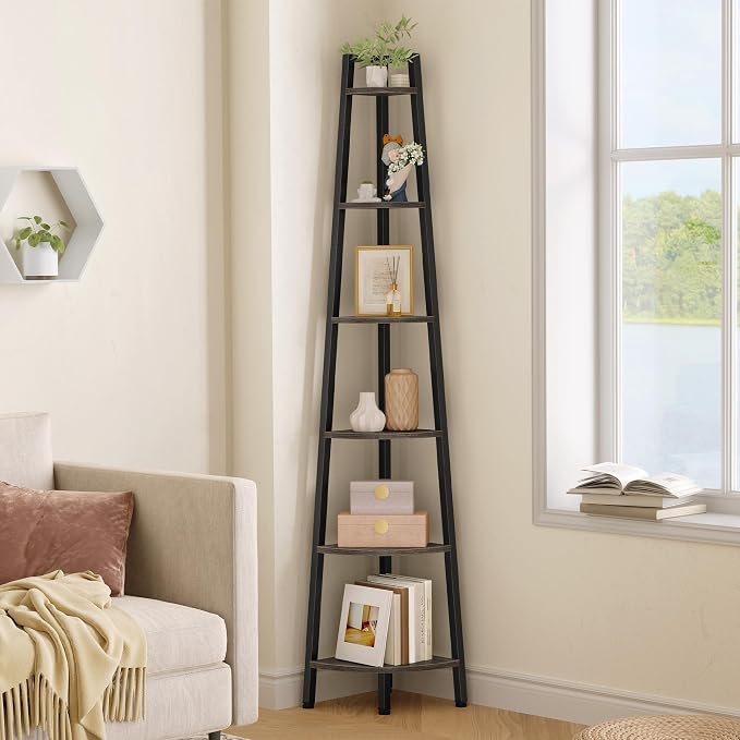 Hoctieon Corner Shelf, 6-Tier Corner Bookshelf, Rustic Ladder Shelf, Industrial by Hoctieon