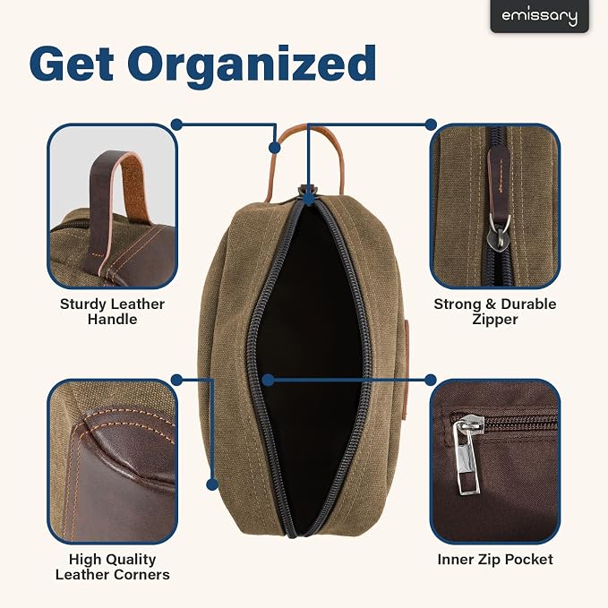 emissary Men's Canvas Travel Toiletry Bag, Leather Dopp Kit - Image 2