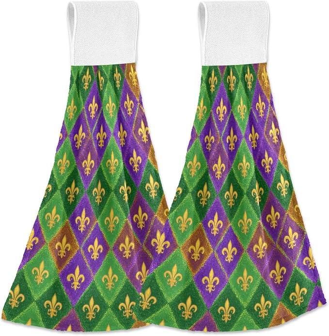 Dussdil Plaid Mardi Gras Kitchen Hanging Towel Fleur De Lis Masquerade Hand Tie by Dussdil