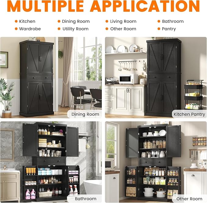 kepptory 72" Tall Kitchen Pantry Cabinet, Barn Doors and Drawer, Farmhouse - Image 4