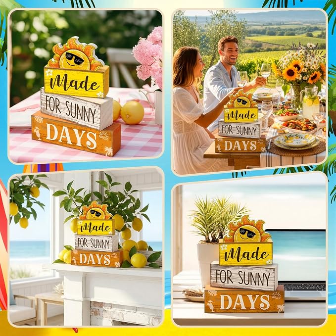 Lineshading 4 Pcs Summer Table Decoration Wooden Sun Beach Tiered Tray Decor - Image 5