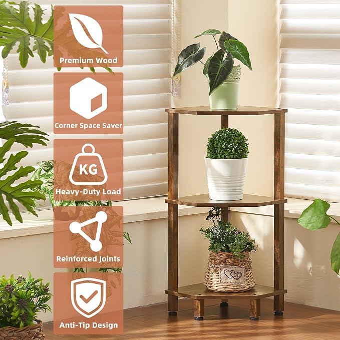 YUFAM 3-Tier Corner Shelf with Sturdy 5-Leg Base, Wooden Corner Bookshelf - Image 7