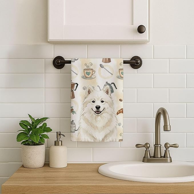 Caroline's Treasures Cream Samoyed Coffee Bar Kitchen Towel Velour Plush Front - Image 7
