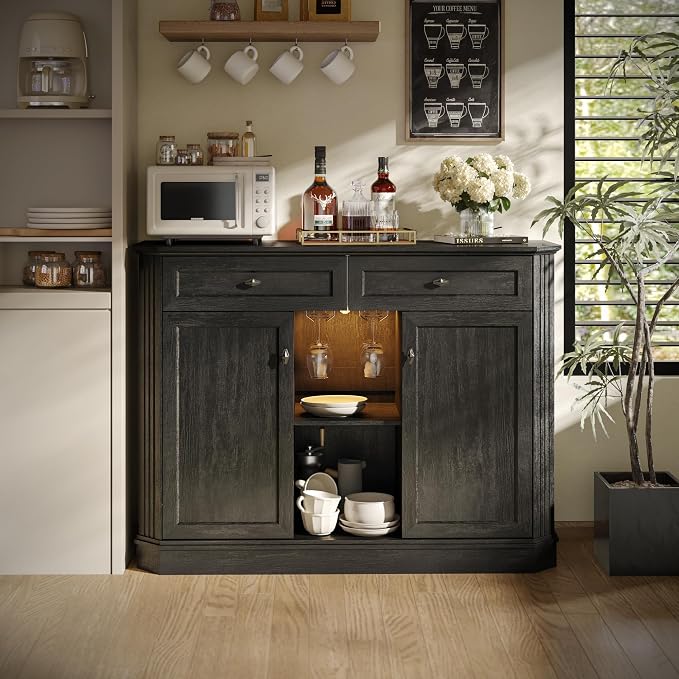 47" Wine Bar Cabinet with LED Light & Power Outlets, 2 Door Coffee Bar Cabinet - Image 8