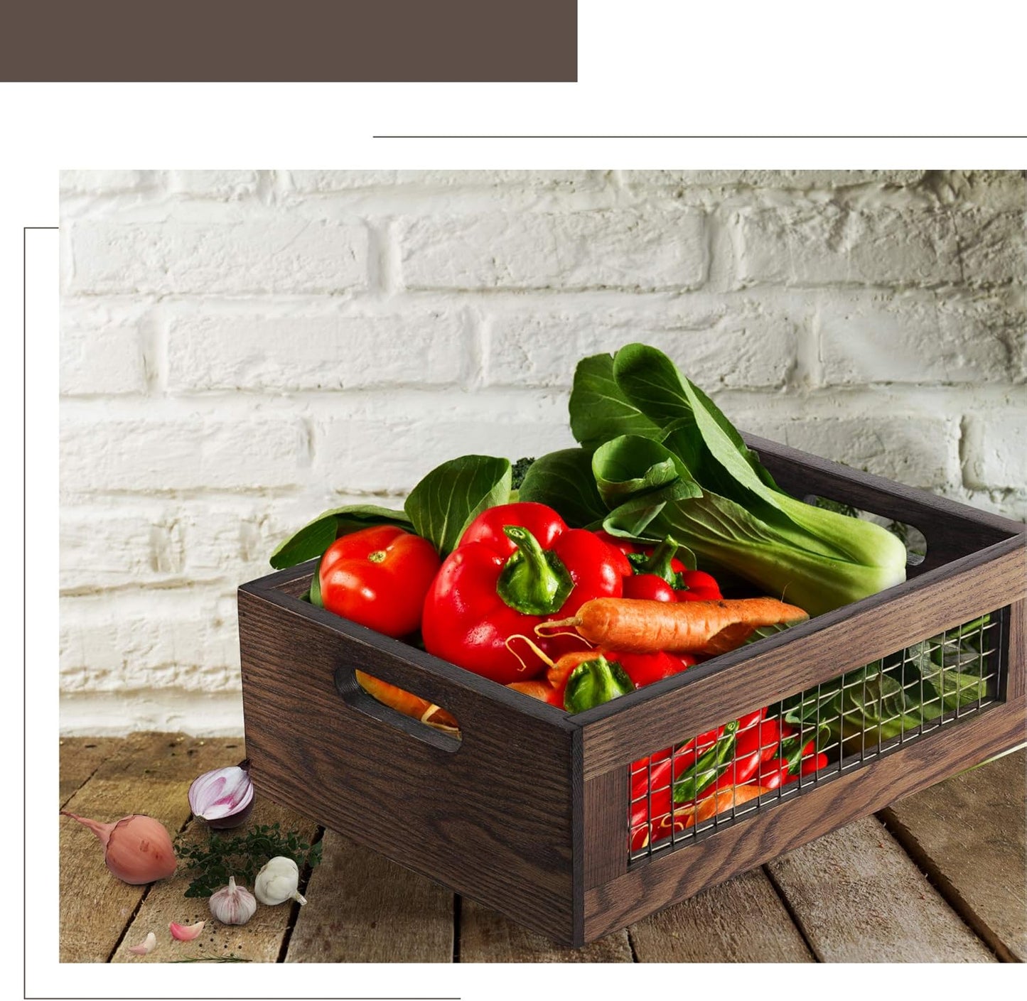 Wooden Countertop Baskets Set of 2 for Kitchen, Bathroom, Pantry|Wall Mount Upgrade with Full Accessories| Rustic Nesting Boxes|Wooden Organizer Crates for Fruit, Vegetables, Produce, Bread