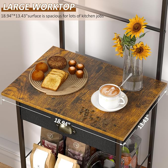 5 Tier Coffee Bar Station with Drawer, Kitchen Stand with 4 S-Shaped Hooks - Image 5