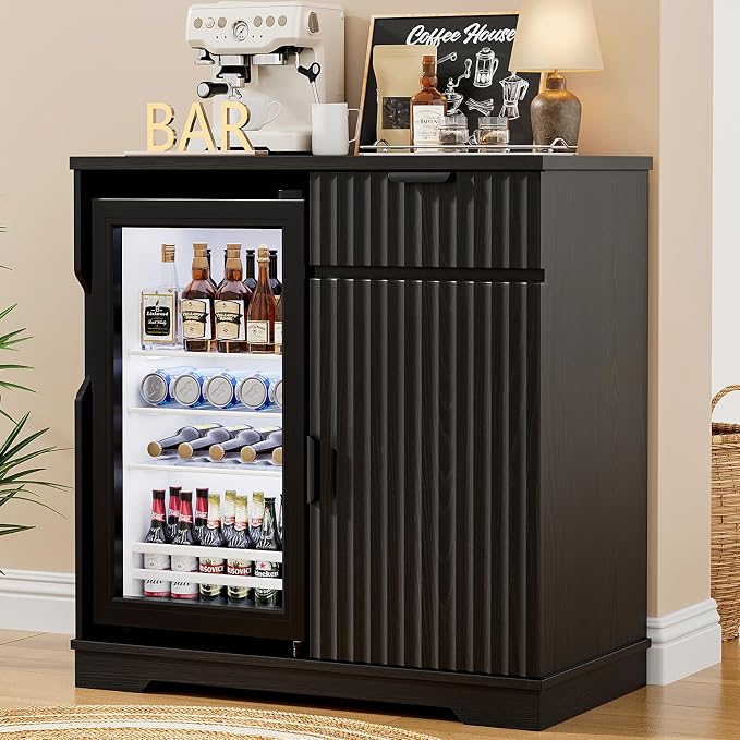 Mini Fridge Cabinet, Fluted Coffee Bar Cabinet by Unknown