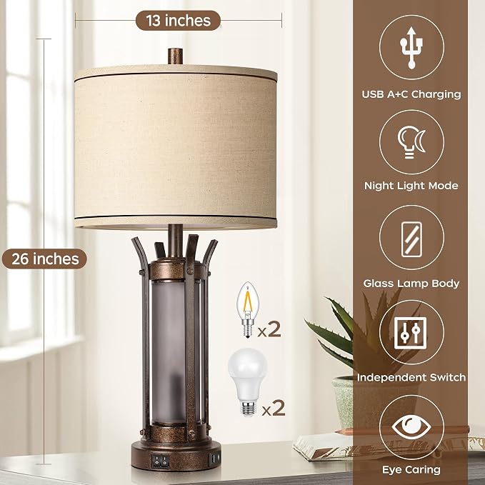 QiMH Farmhouse Table Lamps for Living Room, Rustic Beside Lamps for Bedroom - Image 5
